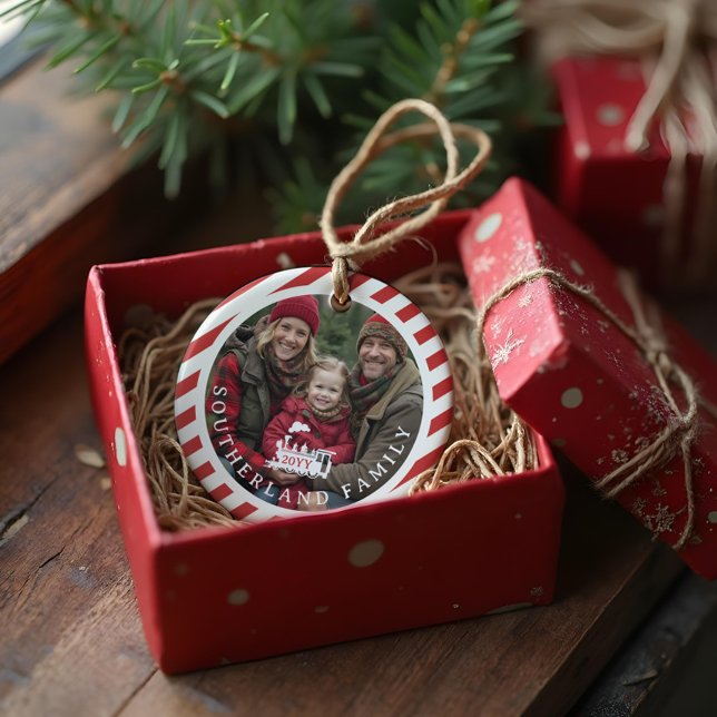 Candy Cane Stripe North Pole Express Family Photo Ceramic Ornament (Candy Cane Stripe North Pole Express Family Photo Ceramic Ornament (Front))