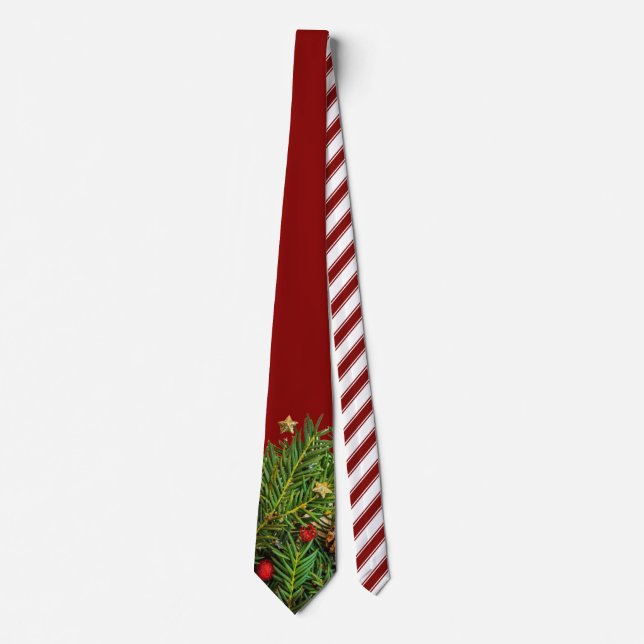 Candy Cane Stripes Christmas Pine Needles Tie (Front)