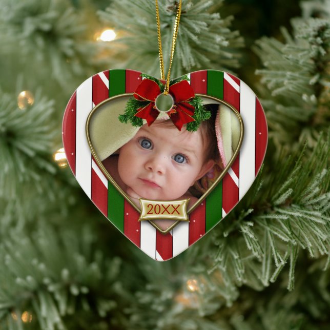 Candy Cane Stripes Cute Photo Template Ceramic Ornament (Tree)