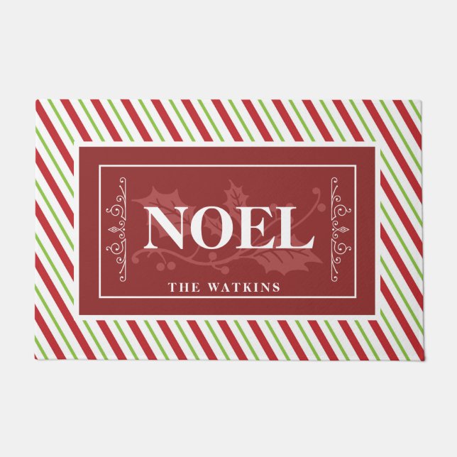 Candy Cane Stripes, NOEL, Personalized Doormat (Front)