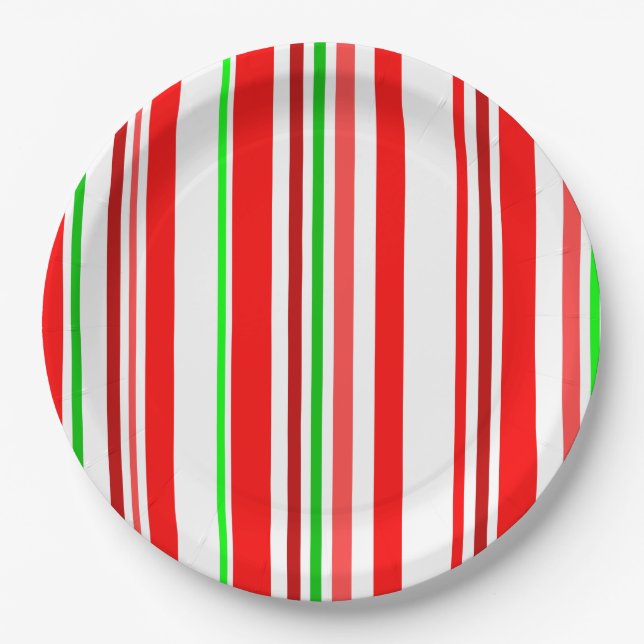 Candy Cane Stripes Red White Green Festive Paper Plate (Front)