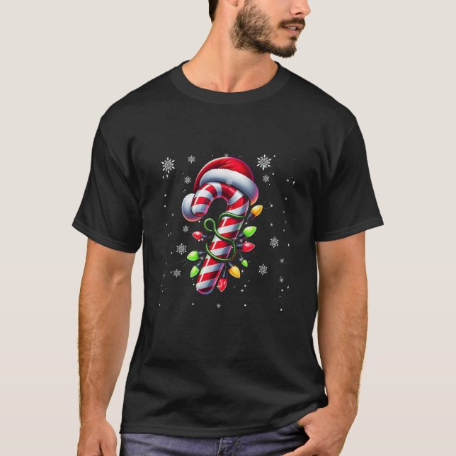 Candy Cane Surrounded Light Bright Santa Hat Merry T-Shirt (Front)