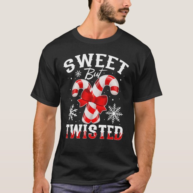 Candy Cane Sweet But Twisted Funny Merry Christmas T-Shirt (Front)