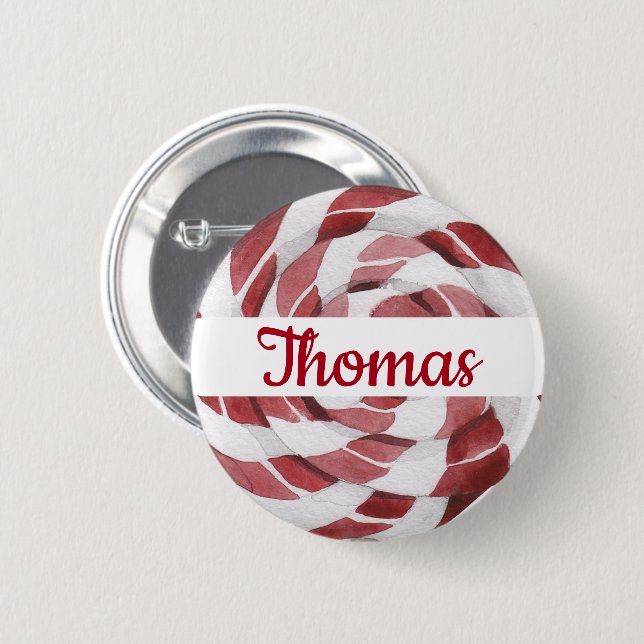 Candy Cane Swirl with Name  2 Inch Round Button (Front & Back)