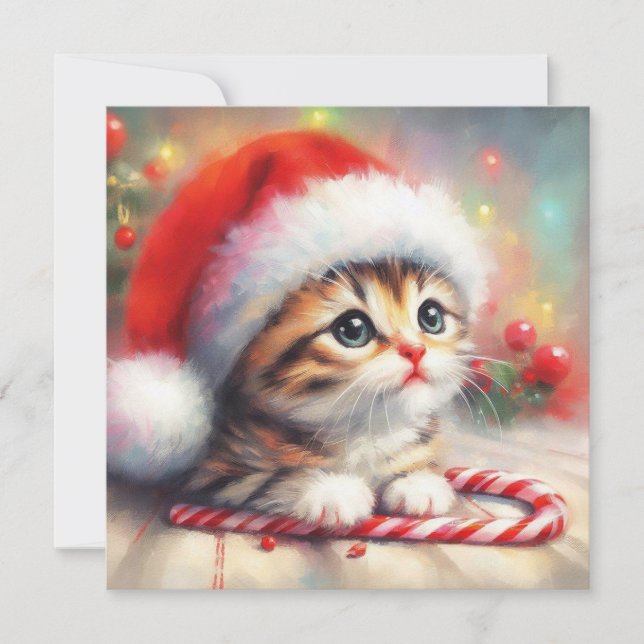 Candy Cane Tabby Kitten Christmas Card (Front)