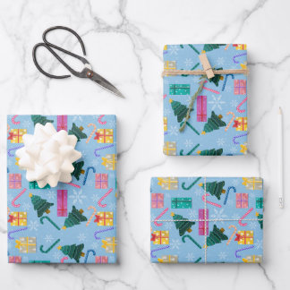 Candy cane, trees and presents wrapping paper