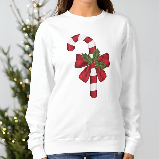 Candy Cane With A Bow And Christmas Holly Sweatshirt (Festive candy cane design for the Holiday season.)