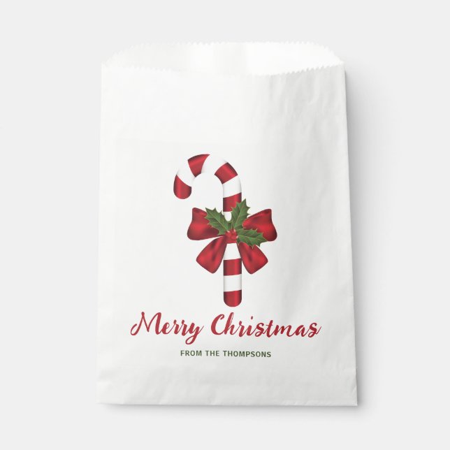 Candy Cane With A Bow And Christmas Holly & Text Favour Bag (Front)