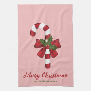 Candy Cane With A Bow And Christmas Holly & Text Kitchen Towel