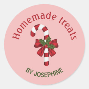 Candy Cane With A Bow On Pink - Homemade Treats Classic Round Sticker