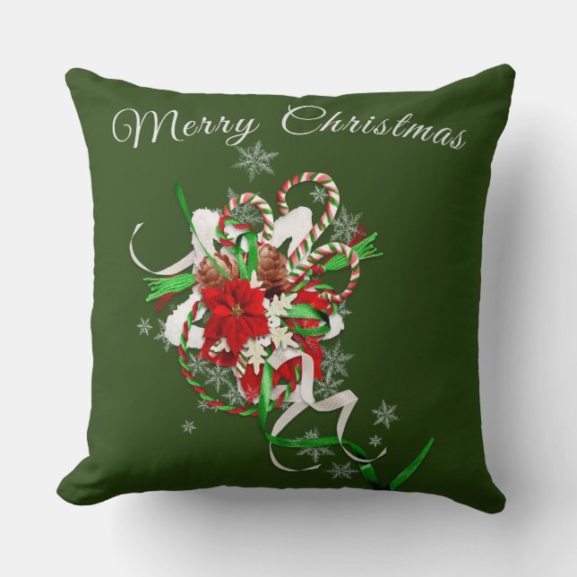 Candy Cane with Forest Green Personalized Throw Pillow (Front)