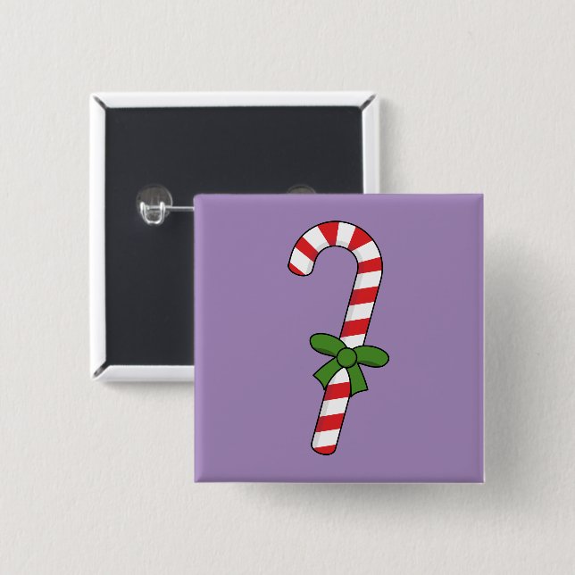 Candy Cane with Green Ribbon 2 Inch Square Button (Front & Back)