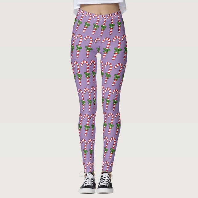 Candy Cane with Green Ribbon Leggings (Front)