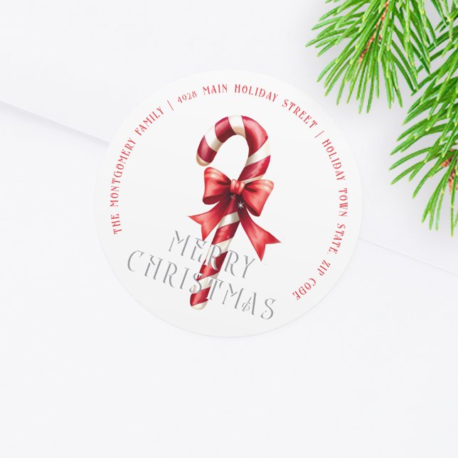 Candy Cane with Red Ribbon Christmas Address Classic Round Sticker (Creator Uploaded)