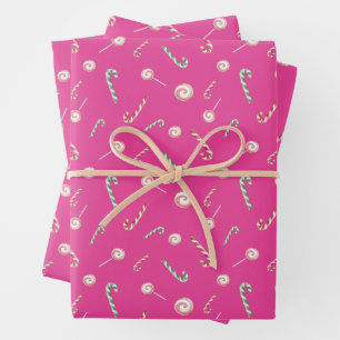Candy Canes and Bon Bons on Pink Wrapping Paper Sheet