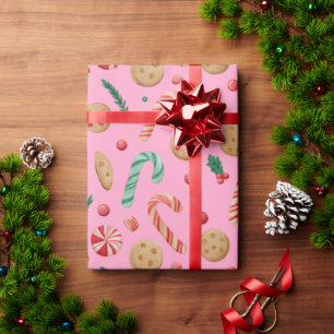 Candy Canes and Cookies on Pink Christmas Wrapping Paper