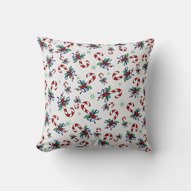 Candy Canes and Greenery Pattern Throw Pillow (Front)