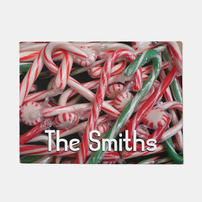 Candy Canes and Peppermints Christmas Holiday Doormat (Front)