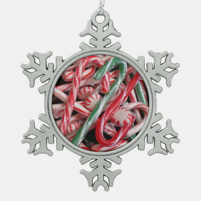 Candy Canes and Peppermints Christmas Holiday Snowflake Pewter Christmas Ornament (Front)