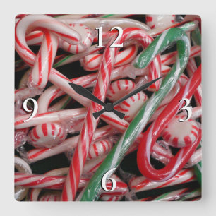 Candy Canes and Peppermints Christmas Holiday Square Wall Clock
