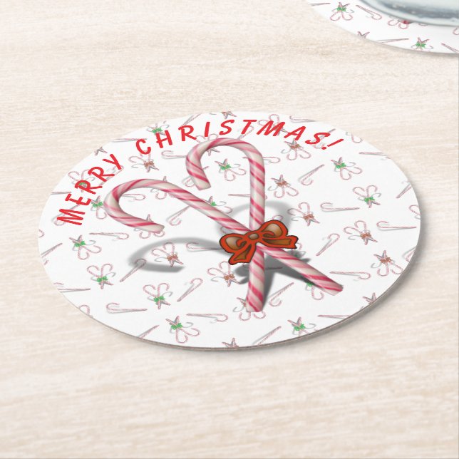 Candy Canes Background Round Paper Coaster (Angled)
