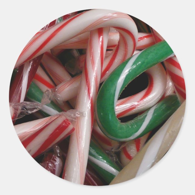 Candy Canes Christmas Holiday White Green and Red Classic Round Sticker (Front)
