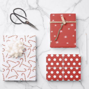 Candy Canes Dots and Snowflakes Red Christmas Wrapping Paper Sheet
