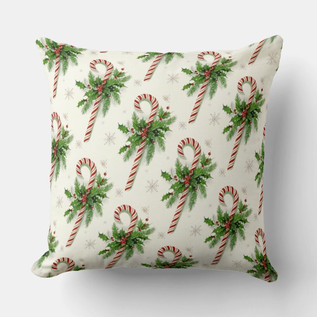 Candy Canes & Holly Christmas Throw Pillow (Front)