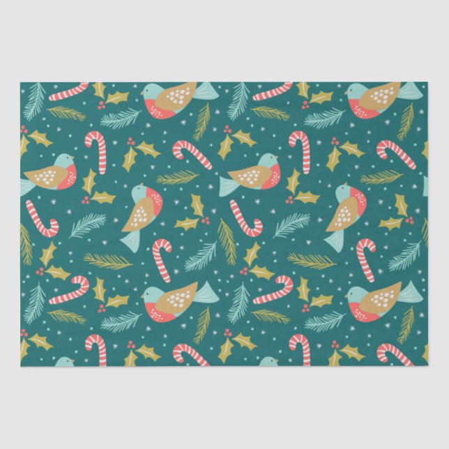 Candy Canes Holly Pine Boughs Birds Tissue Paper (Front)