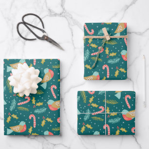 Candy Canes Holly Pine Boughs Birds Wrapping Paper Sheet