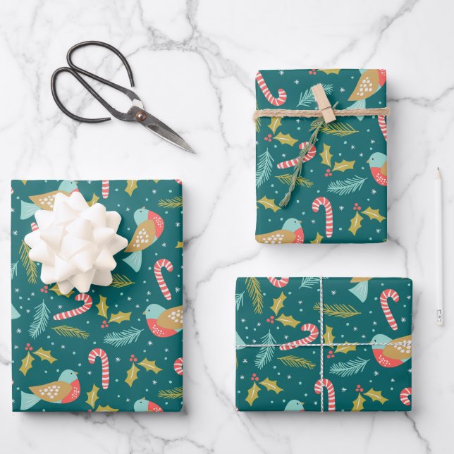 Candy Canes Holly Pine Boughs Birds Wrapping Paper Sheet (Front)