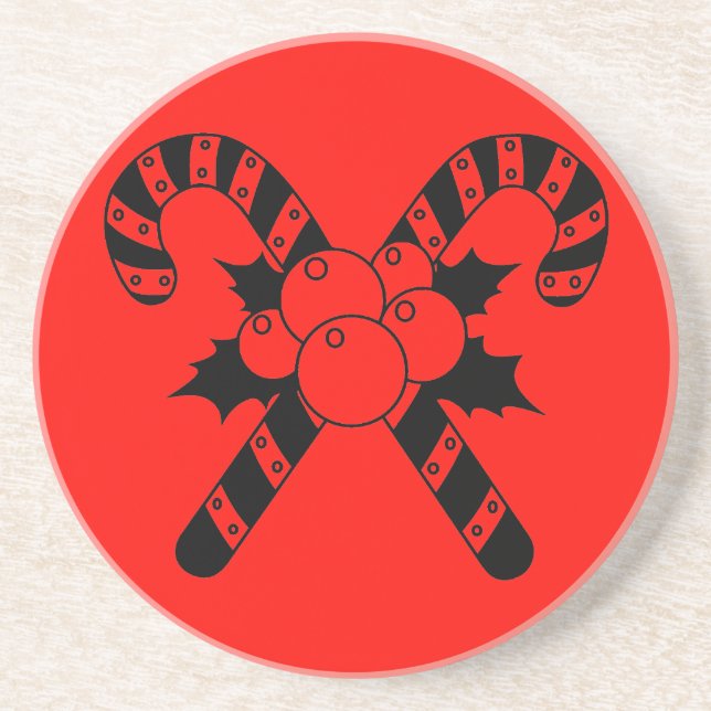 Candy Canes & mistletoe Black Merry Christmas Coaster (Front)