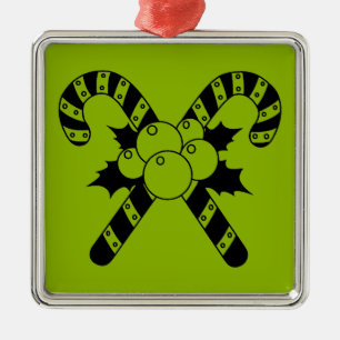 Candy Canes & mistletoe Black Merry Christmas Metal Ornament