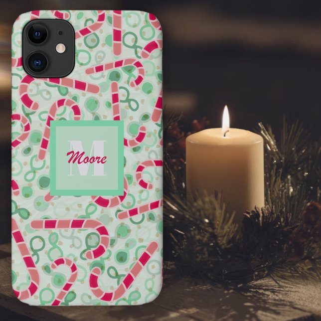 Candy Canes on Green Ombre Hybrid Paisley Case-Mate iPhone Case (Candy Cane on a floating green and caramel motion background Phone Case)