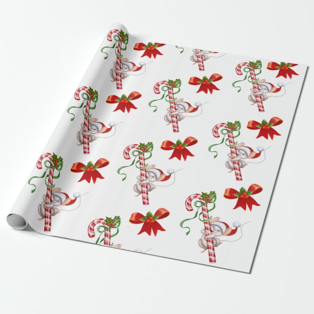Candy Canes With Mice and Bows Cute Christmas Wrapping Paper (Unrolled)