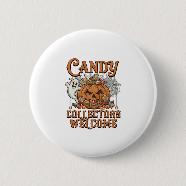 Candy Collectors Welcome Pumpkin Ghost Spider Web 2 Inch Round Button (Front)