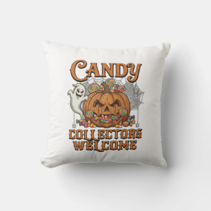 Candy Collectors Welcome Pumpkin Ghost Spider Web Throw Pillow
