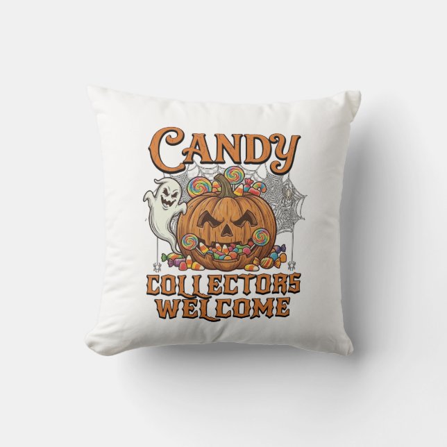 Candy Collectors Welcome Pumpkin Ghost Spider Web Throw Pillow (Front)