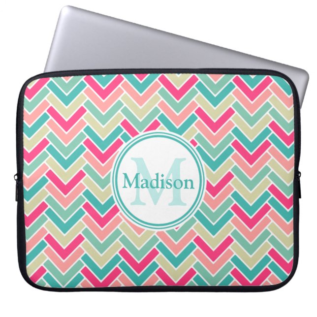 Candy Colour Chevron Pattern and Monogram Laptop Sleeve (Front)