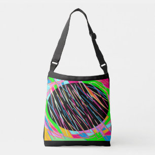Candy coloured art style design on black backdrop crossbody bag