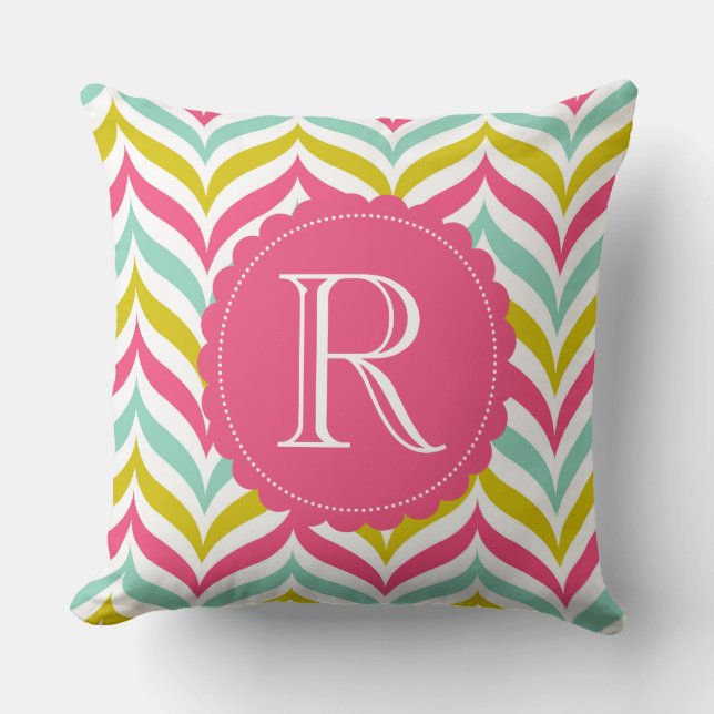 Candy Coloured Chevron Waves Pattern Monogram Throw Pillow (Front)