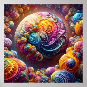 Candy-Coloured Fractal Globe and Orbiting Planets Poster