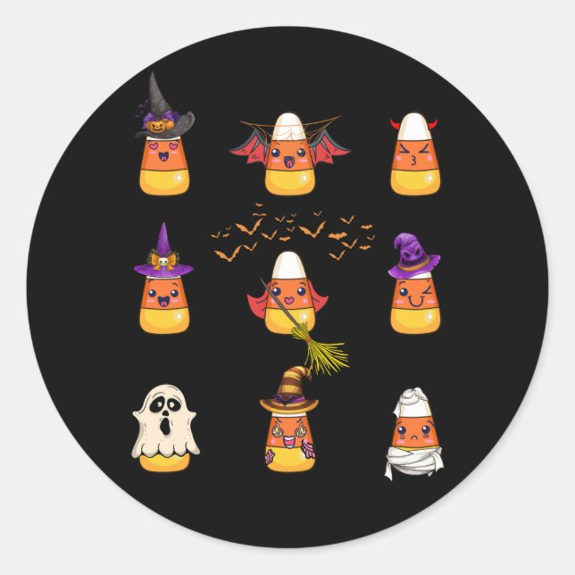 Candy Corn Characters Evil Witch Mummy Ghost Hallo Classic Round Sticker (Front)