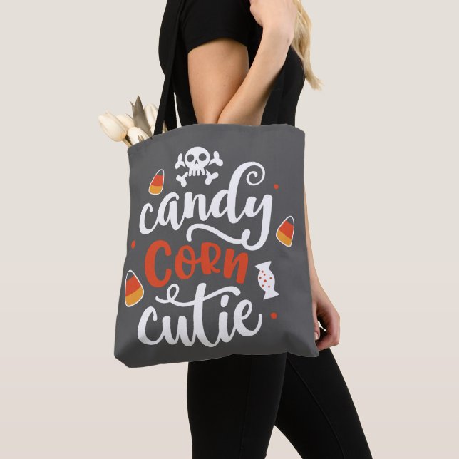 Candy Corn Cutie Modern Fun Grey Halloween Tote Bag (Close Up)
