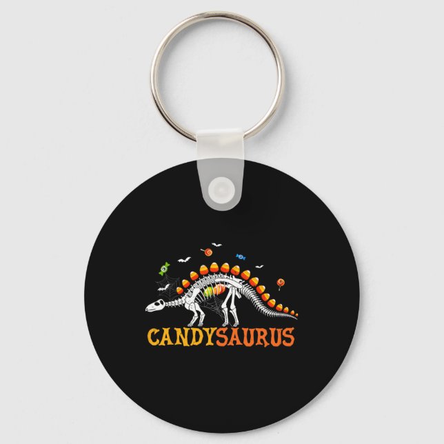 Candy Corn Dinosaur Skeleton Happy Halloween  Keychain (Front)