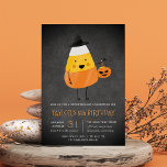 Candy Corn Halloween Birthday Party Invitation<br><div class="desc">Adorable Halloween birthday party invitations are perfect for your little one's spooky birthday celebration! Cute design features a smiling watercolor candy corn illustration sporting a witch's hat and carrying a pumpkin shaped trick or treat bucket. Personalize with your Halloween birthday party details beneath in orange and white lettering on a...</div>