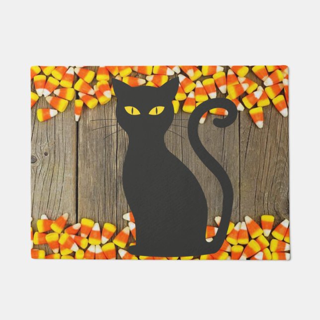 Candy Corn Halloween Doormat with Black Cat (Front)