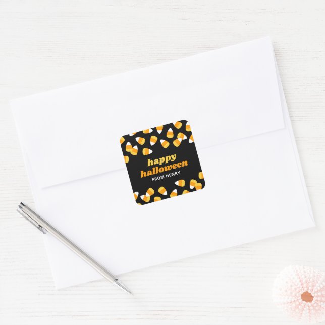 Candy Corn Happy Halloween Party Favour Square Sticker (Envelope)