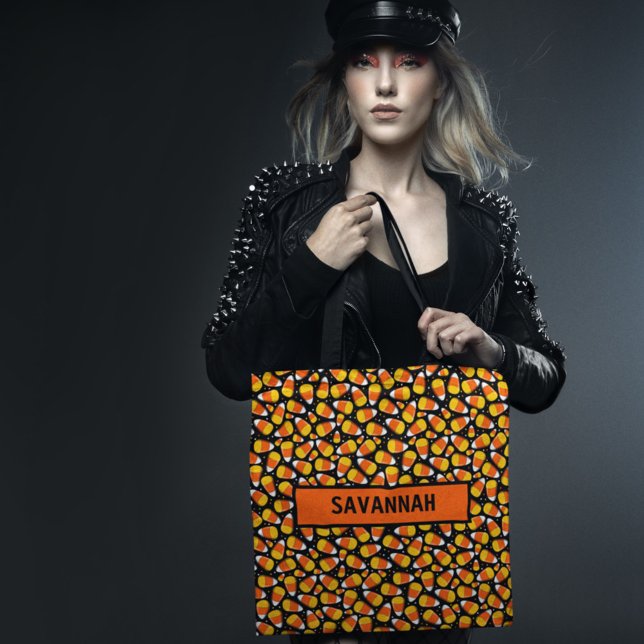 Candy Corn Pattern Halloween Custom Name Tote Bag (Creator Uploaded)
