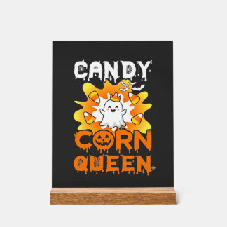 Candy Corn Queen Halloween Ghost Bats Spider Web Acrylic Sign